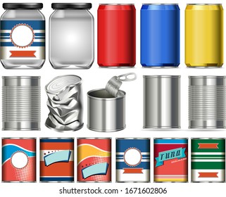 Set of aluminium cans with label design on white background illustration