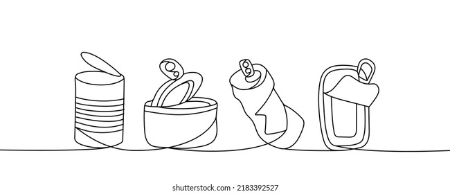 Set of Aluminium cans one line continuous drawing. Metal waste, tin can continuous one line set illustration. Vector minimalist linear illustration.