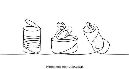Set of Aluminium Waste one line continuous drawing. Metal cans, tin can continuous one line set illustration. Vector minimalist linear illustration.