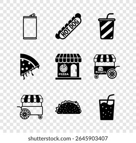 Set Aluminum can, Hotdog sandwich, Glass with water, Fast street food cart, Taco tortilla, Slice of pizza and Pizzeria building facade icon. Vector