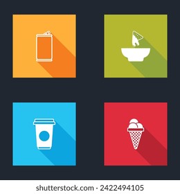 Set Aluminum can, Nachos plate, Coffee cup and Ice cream waffle cone icon. Vector