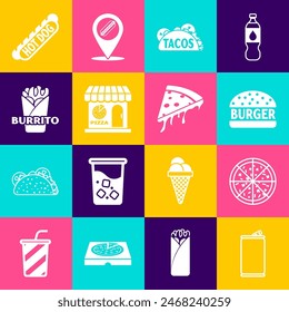 Set Aluminum can, Pizza, Burger, Taco with tortilla, Pizzeria building facade, Burrito, Hotdog sandwich and Slice of pizza icon. Vector