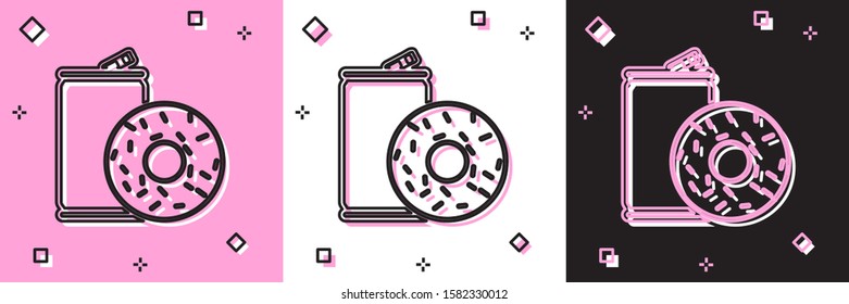 Set Aluminum can soda and donut icon isolated on pink and white, black background. Fast food symbol.  Vector Illustration