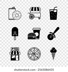 Set Aluminum can soda and donut, Fast street food cart, Glass with water, Pizzeria building facade, Pizza, Ice cream waffle cone,  and Coffee burger icon. Vector