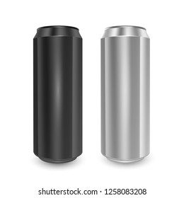 Set of Aluminum cans of Black and Silver colors, isolated on white background. The image of the empty layout for your design, 3D vector Illustration