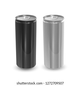 Set of Aluminum cans of Black and Silver colors, isolated on white background. The image of the empty layout for your design, 3D vector Illustration