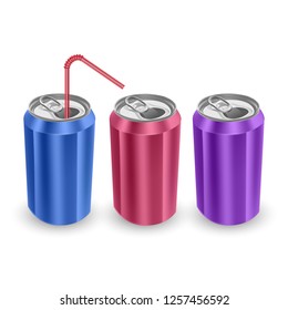 Set of Aluminum cans of Blue, Pink and Purple colors, isolated on white background. The image of the empty layout for your design, 3D vector Illustration
