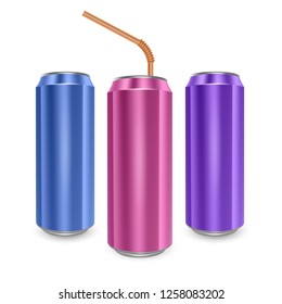 Set of Aluminum cans of Blue, Pink and Purple colors, isolated on white background. The image of the empty layout for your design, 3D vector Illustration