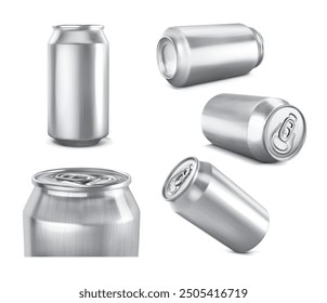 Un conjunto de latas de aluminio en diferentes ángulos. Ilustración vectorial.