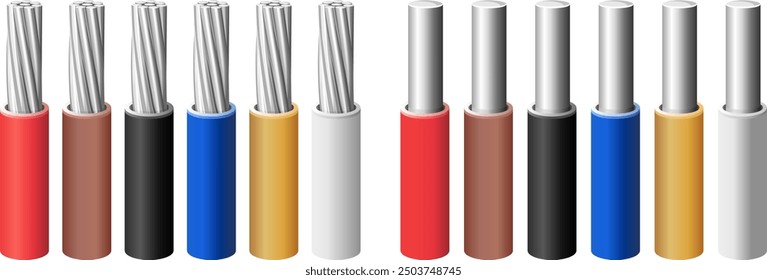 Set of aluminum electrical stranded and solid wires in different colors of insulating coating (positive, negative, ground). Vector color illustration.