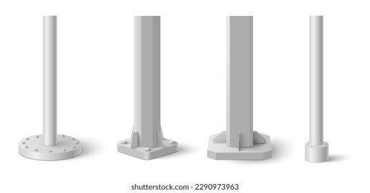 Set of aluminum pillar, steel pipe, polished chromium holders isolated on white background. Metallic engineering construction of signpost supporter and stands vector illustration