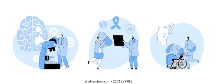 Set Alzheimer Disease. Doctor With Microscope Learning Sick Human Brain With Medical Icons And Awareness Ribbon