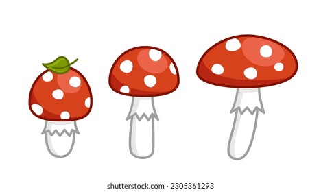 Set amanitas. Red poisonous, toxic mushroom. Amanita. Cartoon, flat. Isolated vector illustration eps 10