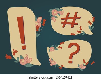 Set of Amasing Gentle and Romantic Speech Bubble. Vector Isolated Graphic Design Elements. Decoted with garsen and wild flowers like roses, pions and dog roses. Perfect for messages, communication