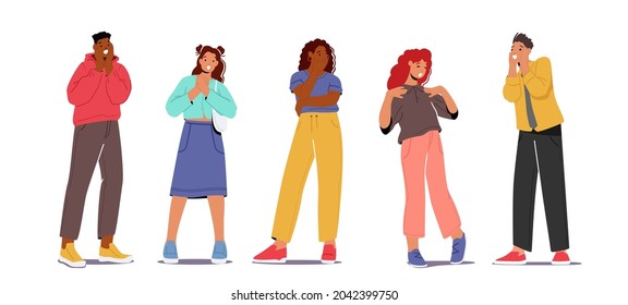 Set of Amazed, Surprised People. Young Men and Women with Open Mouths and Excited Reactions. Wow Effect, Happy, Glad Teenagers Characters Express Excitement Emotions. Cartoon Vector Illustration