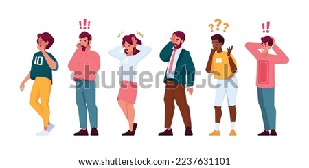 Set of Amazed, Surprised and Shocked People. Young Men and Women with Open Mouths and Excited Reactions. Wow Effect, Unhappy Stressed Characters Express Negative Emotions. Cartoon Vector Illustration