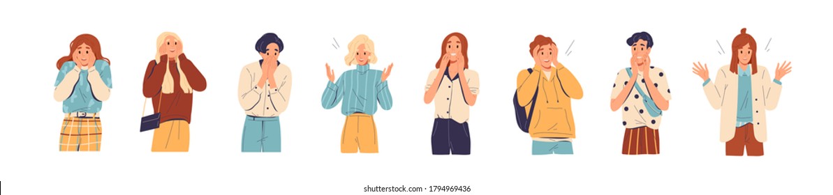 Set of amazed, surprised young people. Young man and woman with open mouths and excited reactions. Wow effect. Happy, glad teenagers. Flat vector cartoon illustration isolated on white background