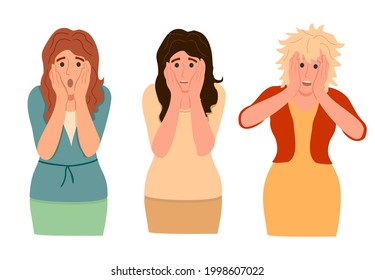 Set of amazed, surprised young women. Three women with open mouths and excited reactions.  Flat vector cartoon illustration isolated on white background