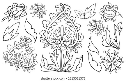 conjunto de elementos florales asombrosos aislamiento de color de brotes de plantas en la ilustración de fondo blanco para la imagen en blanco y negro del libro con elementos de hierbas anti estrés gráficos vectoriales de impresión de boceto