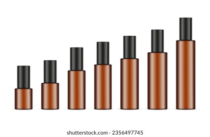 Set of Amber Cosmetic Bottles Mockups With Black Caps, Different Sizes, Isolated on White Background. Vector Illustration