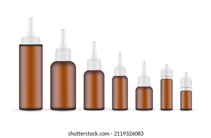 Set of Amber Cosmetic Dropper Bottles with Long Tip Cap and Dropper Unicorn Bottle, Isolated on White Background. Vector Illustration