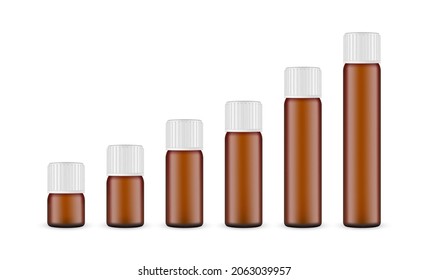 Set of Amber Cosmetic or Pharmaceutical Vials with Different Sizes, Isolated on White Background. Vector Illustration