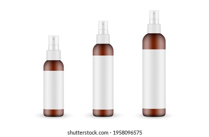 Set of Amber Cosmetic Spray Bottles with Labels Isolated on White Background. Vector Illustration