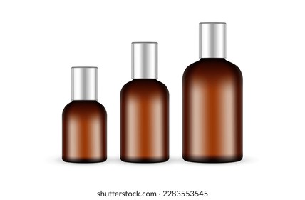 Set of Amber Cylinder Bottles for Cosmetic Packaging, Isolated on White Background. Vector Illustration
