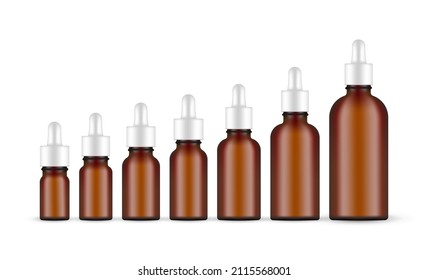 Conjunto de botellas de Amber Dropper con varios tamaños, aisladas en fondo blanco. Ilustración vectorial