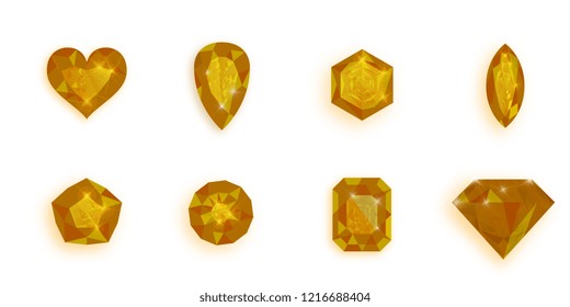 Set of amber gemstones. Vector illustration of brown gemstones.