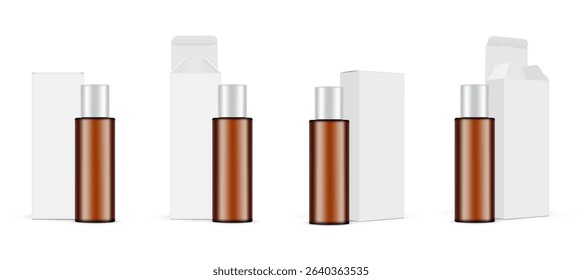 Set Of Amber Plastic Cosmetic Bottles With Paper Boxes. Blank Packaging Mockup, Front And Side View, Opened And Closed Lid, Isolated On White Background. Vector Illustration
