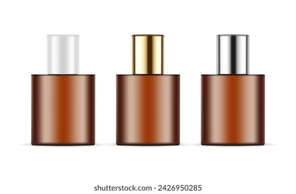 Set Of Amber Small Cosmetic Bottles With Metallic, Golden And Plastic Caps. Vector Illustration