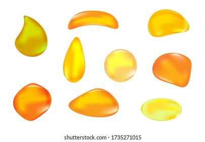 Set amber stone isolated on white background. Collection of honey drops. Golden liquid essence,oil or lubricant droplets. Petrous resin for design. Gemstone or mineral bubble.Stock vector illustration