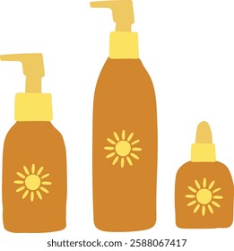 Set of Amber Sunscreen Bottles with Sun Symbol Vector Illustration