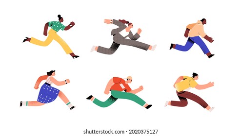 Set of ambitious people running fast, hurrying to their goals and rushing on urgent businesses. Concept of aspiration to success. Flat vector illustration of runners isolated on white background - Shutterstock ID 2020375127