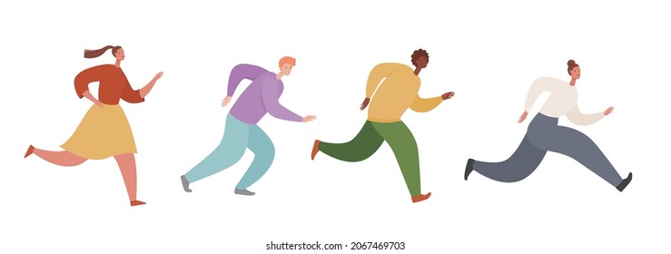 Set of ambitious people running fast, hurrying to their goals and rushing on urgent businesses. Concept of aspiration to success. Flat vector illustration of runners isolated on white background.