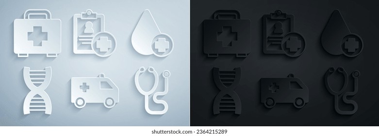 Set Ambulance car, Donate drop blood, DNA symbol, Stethoscope, Patient record and First aid kit icon. Vector