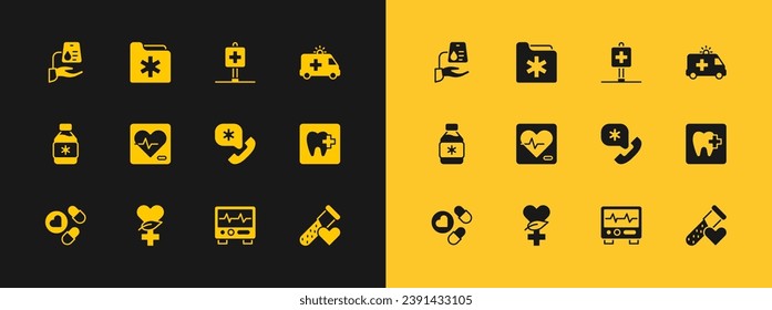 Establecer coche de ambulancia, etnociencia, llamada de emergencia 911, monitor con cardiograma, frecuencia cardíaca, hospital de localización, donación de sangre y icono de la carpeta de registros médicos. Vector