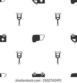 Set Ambulance car, Human organ liver and Crutch crutches on seamless pattern. Vector