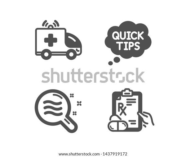 Set of Ambulance car, Quick tips and Skin\
condition icons. Prescription drugs sign. Emergency transport,\
Helpful tricks, Search magnifier. Pills.  Classic design ambulance\
car icon. Flat design