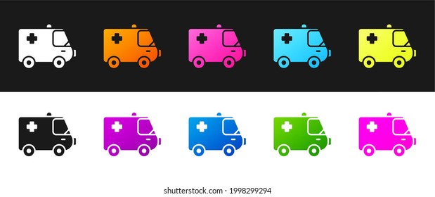 Set Ambulance and emergency car icon isolated on black and white background. Ambulance vehicle medical evacuation.  Vector Illustration