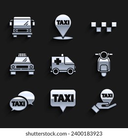 Set Ambulance and emergency car, Map pointer with taxi, Hand on map, Scooter, Taxi call telephone service, roof and Bus icon. Vector