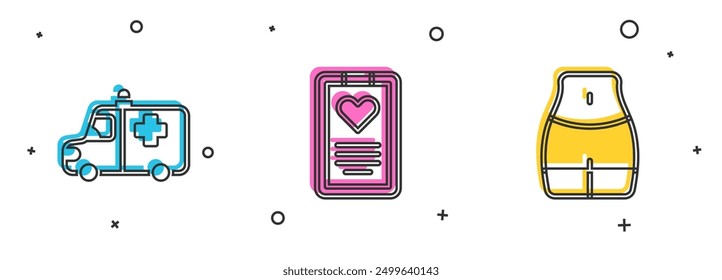 Set Ambulance and emergency car, Medical clipboard and Women waist icon. Vector