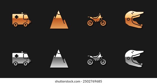 Set Ambulance and emergency car, Mountains, bike and Motocross motorcycle helmet icon. Vector