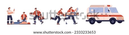 Set of ambulance emergency doctors and patients, car flat style, vector illustration isolated on white background. Stretcher, hurry, specialists in uniform with cross ストックフォト © 