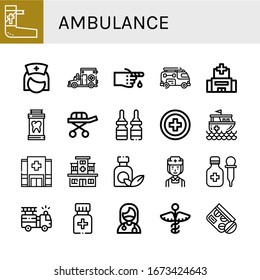 Set of ambulance icons. Such as Bandage, Nurse, Ambulance, Fire truck, Hospital, Medicine, Stretcher, Red cross, Rescue boat, Surgeon , ambulance icons