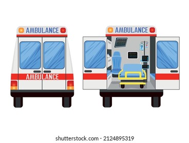 Vista trasera de ambulancia con puertas abiertas y cerradas. Transporte médico. Hospitalización urgente. Ilustración vectorial.