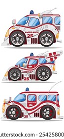 Conjunto de ambulâncias. Vista lateral. Isolado no fundo branco. Ilustração vetorial.