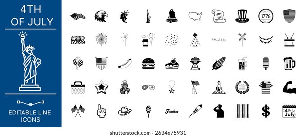 Set of America and 4th of July Icons. Statue of Liberty, Fireworks, USA flag, Balloons, and more Vector Illustration.