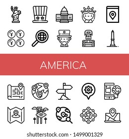 Set of america icons such as Statue of liberty, Yen, Independence day, Global, White house, Uncle sam, Soldier, Map, Washington monument, Las vegas, Sign, World, Earth , america